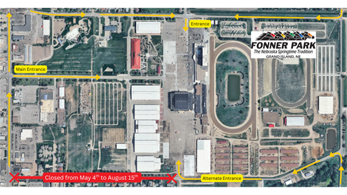 Map of Fonner Park grounds showing entrances, buildings, racetrack, and seasonal closure details.