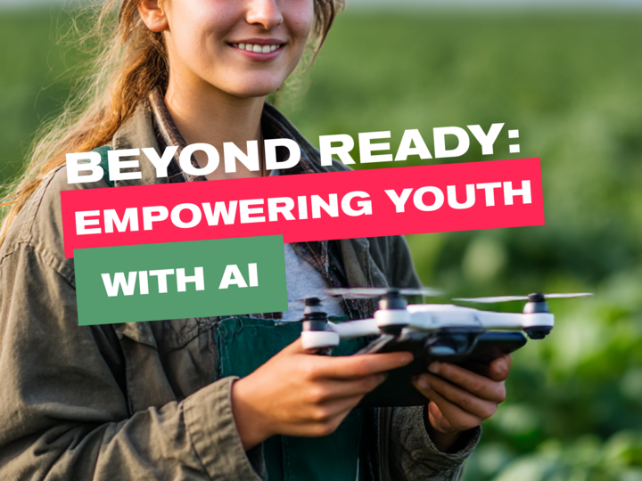 Young person holding a drone in a green field, promotional text overlayed.