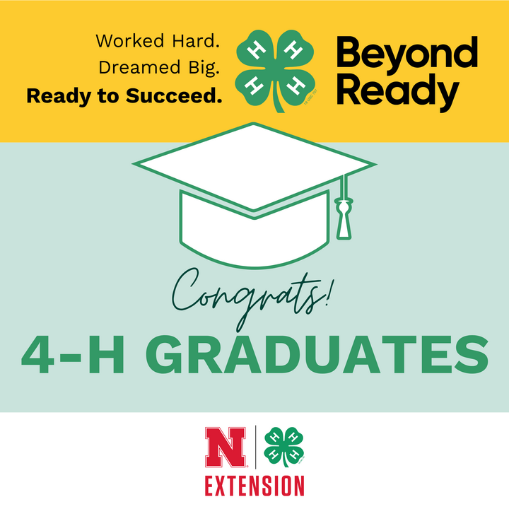 Congrats 4-H graduates graphic with graduation cap and Nebraska Extension logo.