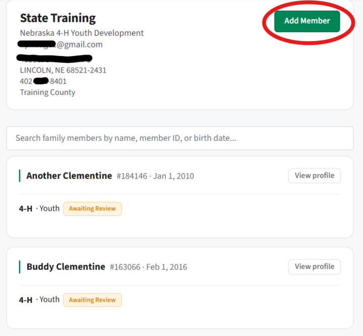 Add Member button highlighted with family member profiles below showing name, ID, and status.