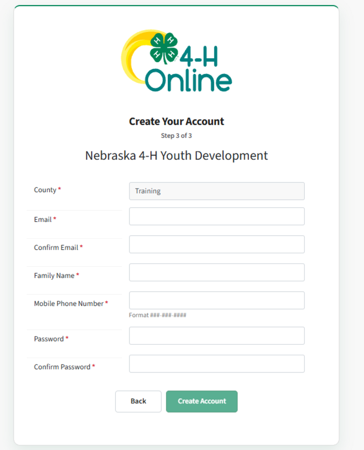 Nebraska 4-H Online account creation form with fields and a green "Create Account" button.