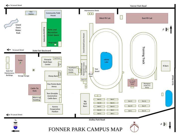 Graphic map of Fonner Park campus with locations labelled. 