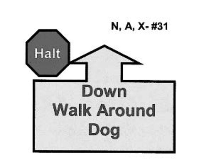 Graphic of the halt-down-walk around dog sign