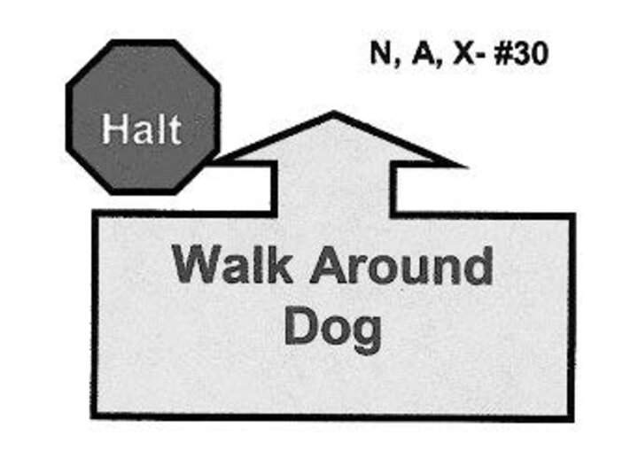 Graphic of the halt-walk around dog sign