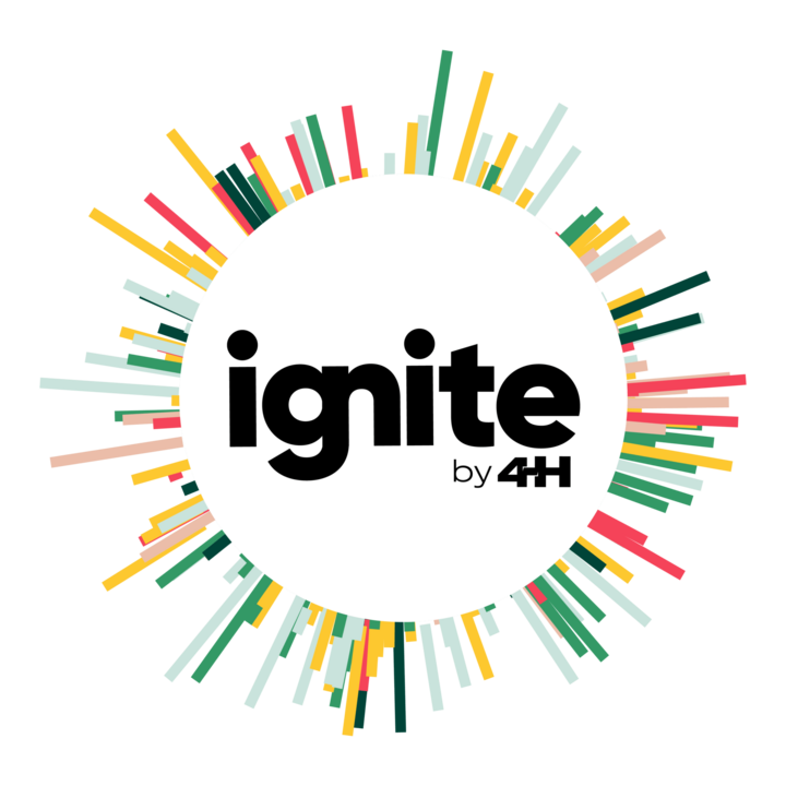 Colorful rays radiate from a white circle with "ignite by 4-H" in bold text.