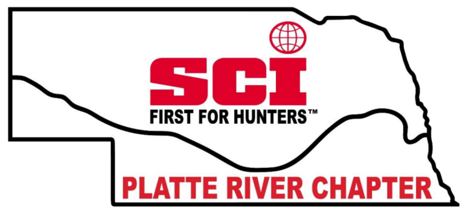 the shape of Nebraska with 'SCI First for Hunters' sitting above the Platte River. Below it says 'Platter River Chapter'