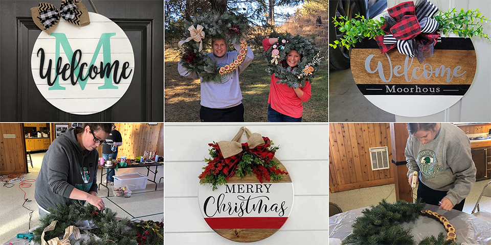 Collage of photos showing door hangars and people making wreaths